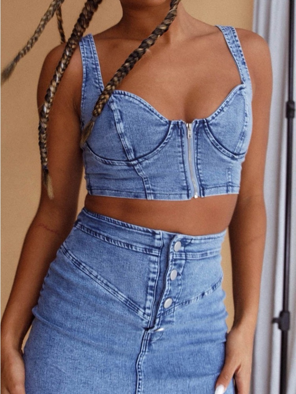 Hello Molly Denim Midi Skirt and Crop Top Set